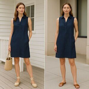 Beachlunchlounge Women Linen Shift Dress Navy XL Sleeveless Quiet Luxury Coastal